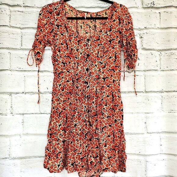 Free people laced up button down mini dress floral red black size small - Picture 2 of 11